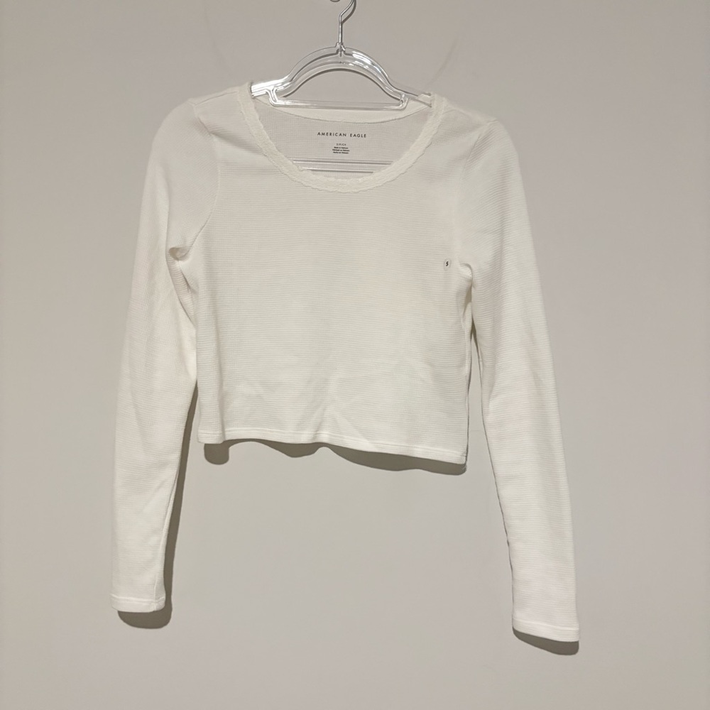American Eagle cropped waffle thermal‎ Long sleeve top Bright white Size small